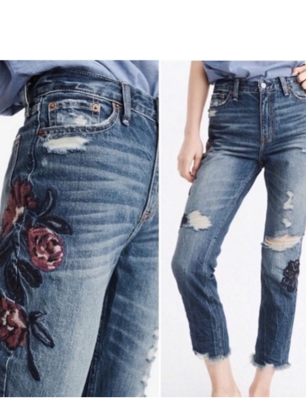 Abercrombie & Fitch Dark Wash Blue Jeans with Embroidered Rose Detail